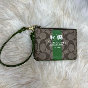Coach Wristlet Coated Canvas Signature Monogram   Green Trim Stripe Stagecoach